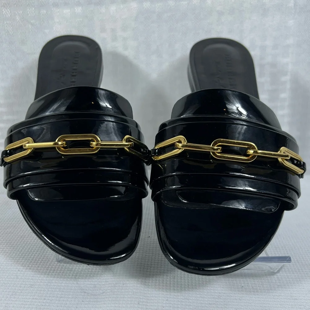 Burberry Coleford Black Patent Leather Chain Sandals EU 37